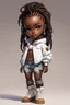 Placeholder: create a futurism art image of a curvy size chibi dark skinned Black female wearing a white jean outfit with timberland boots. Prominent make up with brown eyes. Highly detailed dread locs