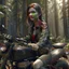 Placeholder: Very attractive woman sitting on a motorcycle. The bike is Yamaha. In the background is a forest. Realistic details. Photorealistic. 4K.