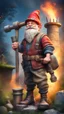 Placeholder: postcard portrait of bard post man sexy gnome fire man with old boots, sledge hammer and chissel in the garden holding a tower fortification, magazine cover illustration with spray paint, signed, bokeh like, down-light, unreal engine, prize winning