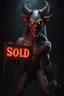Placeholder: A realistic ghoulish devil with glowing eyes and horns, leaning forward at an angle as if over someone's shoulder, facing right, holding a large sign that says "SOLD" in clear letters. No humans, no extra subjects, cinematic horror lighting.