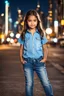 Placeholder: Little 8 years old beautiful girl perfect face,1girl wearing a pretty shirt and jean pant, standing pose,modern city ,night view