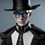 Placeholder: Hyper realistic human male with pale skin and wearing dark black fantasy noble clothes, wearing a hat with glasses. with short blonde hair and blue eyes,