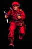 Placeholder: Turkish soldier(uniform and face based on racist steriotypes) running towards viewer, a knife i one hand, and a gun(barrel pointing at viewer) in the other. blocky retro 1960's jack kirby style poster in monochrome with white background