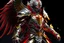 Placeholder: silver and gold knight armor with glowing red eyes, and a ghostly red flowing cape, crimson trim flows throughout the armor, the helmet is fully covering the face, black and red spikes erupt from the shoulder pads, crimson and gold angel wings are erupting from the back, crimson hair coming out the helmet, spikes erupting from the shoulder pads and gauntlets, flying through a hell scape