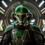 Placeholder: star wars bald male corellian pilot wearing black and gasoline green First Order special forces TIE pilot armored flightsuit and helmet with gold trim inside the jedi temple, centered head and shoulders portrait, hyperdetailed, dynamic lighting, hyperdetailed background, 8k resolution, volumetric lighting, light skin, fully symmetric details