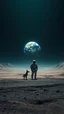 Placeholder: A space man with his dog at a landscape made of mud that looks futuristic with futuristic lighting, realistic rendering. Plant Earth globe in the horizon