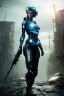 Placeholder: beautiful girl gun hold robot, post-apocalyptic in a cyberpunk city, realistic, intriacte detail, sci-fi fantasy style, volumetric lighting, particales,highly detailed,cinamatic, deep