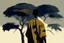 Placeholder: Design, African man, oil painting, featureless, graphic, drawing without facial features, background, sky, trees, traditional clothes