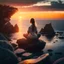 Placeholder: A girl is sitting on the edge of the rocks by the seashore and is meditating. The sun is setting