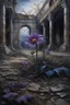 Placeholder: Oil painting of a purple flower amid withered and dead flowers in an abandoned garden in an abandoned palace in the ancient era Photorealistic