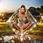 Placeholder: very beautiful fashion lady sitting on a big diamond her legs straight open wearing nice bride, lights reflecting on diamond and her jewels