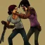 Placeholder: Clementine from the walking dead telltale fights a guy and she won because she's strong and she puts her bare foot on that guy's head she looks superior the art looks like the game