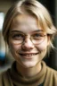 Placeholder: portrait of a 18 year old girl named Anna Petrov, friend of a main character of a youth novel, Slavic, full lips, blond short hair, glasses smiling