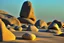 Placeholder: Sunny day, people, rocks, sand, distant modern city