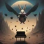 Placeholder: monochromatic black and white bugs bunny composer piano, diffrent planet, one swine pig piggy flying wasp angel, beksinski style daker theme dark black dark black monochromatic