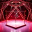 Placeholder: a picture of a gymnast lady show her performance on gymnastic parallel bar in a modern stage made of 3d geometric recursive structures and dynamic color lights