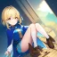 Placeholder: Clear focus, High resolution, Rough line, cute, cartoon style, blonde short hair, golden eyes, long locks, spiky hair, wearing a white sleevless shirt, wearing a blue cloak, wearing a light blue skirt, wearing white long socks and brown shoes, smiling, 1girl, sitting