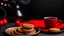 Placeholder: a red coffee cup and cookies on and gift decorations on the table, christmas season Generative AI