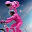 Placeholder: astronaut in pink suit flying through space on a bicycle