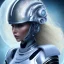 Placeholder: A beautiful portrait of a young galactic woman blonde hair with a helmet in a galactic suit in cosmos blue