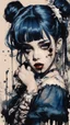 Placeholder: Poster in two gradually, a one side malevolent goth vampire girl face and other side the Singer Melanie Martinez face, full body, painting by Yoji Shinkawa, darkblue and sepia tones,