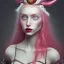 Placeholder: An imitating beauty. Pink witch made of fire with red eyes. Long curly wild pastel pink hair. Pink and red eyeshadow. Red lipstick. Pale skin with freckles and a round face. With a big pink witch hat.