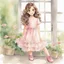 Placeholder: watercolor, full body, cute smile girl, curly hair, big eyes, long brown hair, pink dress, pink shoes, white backgrownd