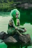 Placeholder: woman sitting on a rock, in a lake, green mottled skin, green hair