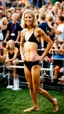 Placeholder: anorexic beautiful woman, age 21, total shot, anthracite triathlon swimsuit, medium long wavy bob haircut, blond hair, blurred party crowd in background