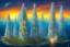 Placeholder: One mile tall underwater plastic city Towers made out of stacked Rubik's Cubes, Orange, white, blue, green. Stormy sky