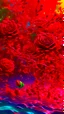 Placeholder: The image is a digital artwork that depicts a red branch of red tree of Red roses and red leaves tangling in to a water in the river with aThe rose floats on the surface of the water, creating a wave-like effect. The background is red , which makes a branch of a tree of red roses stand out even more. Water droplets are scattered adding to the dreamy, ethereal quality of the image.all leaves and background are red