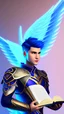 Placeholder: a human male with blue short hair and blue wings in assymetrical armor with geometric patterns and a book in hand, geometric wings