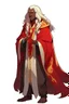 Placeholder: guy animation character with long white hair, Dark skin, yellow eyes, horns, dressed in a red priest's robe