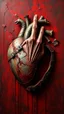 Placeholder: Bosch style painting , A 3D hand coming out of the middle of a rusty metallic open heart in details on red bloody background