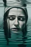 Placeholder: Artwork of t-shirt, Wide angle, half of face on water surface of a woman eyes are full of tears in swimming pool. Broken heart, sadness, down deep