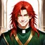 Placeholder: dnd, watercolour, portrait, realistic, rogue, male, sharp facial features, long red hair, green eyes, radiant, priest, smiling