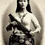 Placeholder: sepia close-up of beautiful female mexican outlaw wearing holster with two guns on waist and bandolier on chest, long black wavy hair, gorgeous, stunning face, 8k, high-quality, ultra-fine detail, 1800s wild west