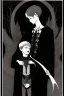 Placeholder: 7 year old boy, necromancer, friendly, looks dead,with a long lamprey emerging from his belly , wearing black robes, in the style of Harry Clarke
