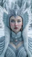 Placeholder: half body wide angle RAW photo, ice queen queen wearing luxurious and ornate clothing, fully covered, opals and floral embellishments, fractal wing texture, winter landscape in the background, beautiful face, high detailed skin, snow, ice, 8k uhd, dslr, soft lighting, high quality, film grain