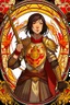 Placeholder: an anime drawing of a 40 year old thai woman. dark brown hair in a bob cut. she is wearing an armour over a beautiful thai gown. she has a sun themeing. and the color scheme is red and yellow. she is holding a shield and a sword