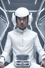 Placeholder: a peaceful indonesian male with white futuristic clothing holding a piece of technology