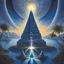 Placeholder: centered an extraordinary view of an otherworldly alien dark blue pyramid palace with a large sun symbol on top of it, surrounded by ocean, a queen of an otherworldly extraterrestrial race is standing in the foreground looking at her land, intricate airbrush art, pencil sketch, crisp quality, award winning masterpiece