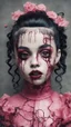 Placeholder: full color, illustration of a darkred and pink tones, menacing, Singer Melanie Martinez face, as a decayed, broken, skin turned translucent, black veins that extended like roots beneath her skin, latex suit, crude homemade cloth doll toy, with a narrow cracked porcelain face, thick dark eyebrows, hair in two gradually, made from ragged strips of cloth, in the style of Alex Pardee, Tim Burton, and Nadya Sheremet