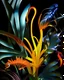 Placeholder: Flame lily, Strelitzia, African aloe, fern, banana leaf, Frangipani, Palm tree, flamingo, hibiscus, tropical vegitation, still life, uv lighting, Slick, sinuous, industrial design forms, Fluid Dynamic, cephalopod, Coleoptera translucent, fighting fish, the Futuristic Fashion Of Iris Van Herpen and H. R. Giger, resin pigment and fiber, atmospheric macro photography, the camera lens reveals realistic and tangible space where wondrous motions of strange forms occur, thereby creating psychedelic eff