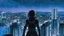 Placeholder: Clear Focus, High resolution, Beautiful girl standing backwards to a Cyberpunk skyline, comic style