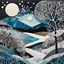 Placeholder: abstract paper collage overlayed with Zentangle patterns that depict the vastly diverse landscape of Nature bathed in pale moonlight of winter, highly detailed, vibrant natural color, with bold ink outlining