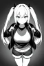 Placeholder: blonde girl with pigtails dressed in a jacket and shorts makes her way in the dark with a flashlight, greyscale