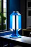 Placeholder: gaming table lamp inspired by stark tower buliding architecture futuristic-modern stlye. geometric form, blue and white color scheme