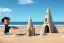 Placeholder: Toddler Elon Musk building a tall space rocketShip sand castle on the beach