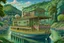 Placeholder: Wide view, In the style of Daniel Merriam, an intricate, elegant houseboat on a river, forests on both sides of the river, mountains in the background, detailed, complex, award winning masterpiece,